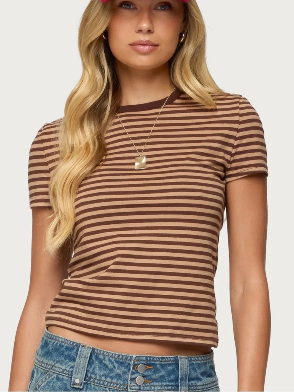 Edikted Brown and Tan Striped Short Sleeve Tee
